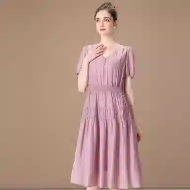 粉红玛琍 春 抽褶短袖连衣裙 收腰 女款 紫色