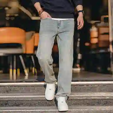格蓝鹿 小众设计感潮牌做旧休闲宽松直筒复古牛仔裤 男女同款 浅蓝