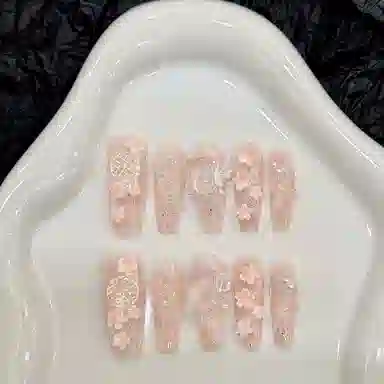凡泽 窗花桃花冻冻  穿戴甲 长款裸粉纯色 纯欲