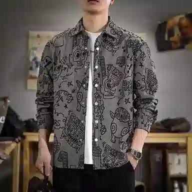 遨宇 美式潮牌趣味满印宽松休闲重磅长袖衬衫 男女同款