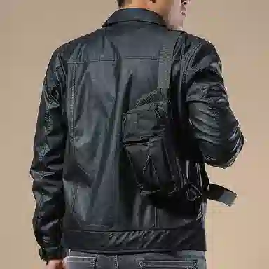 季言 翻领纯色百搭皮衣 男 黑色