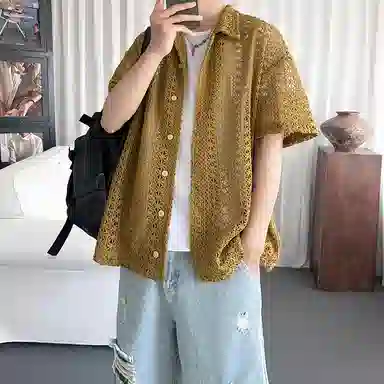 金盾 镂空棕绿翻领纯色短袖衬衫 男款