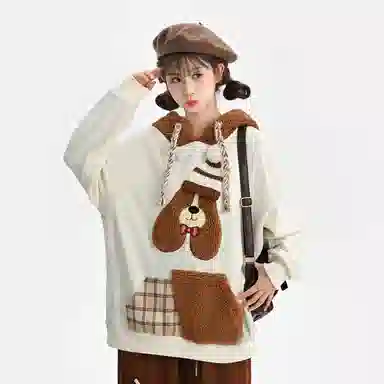 森女部落 潦草小狗闺蜜装连帽萌趣风拼贴套头可爱卫衣 女款