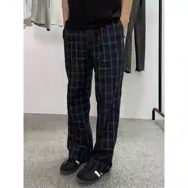 佑麟 美式复古格子裤子薄款微喇弯刀裤宽松直筒运动裤休闲裤 男女同款