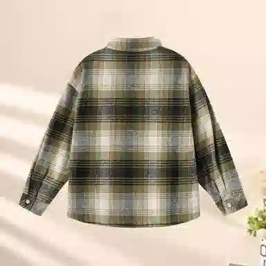 青蛙王子 翻领时尚简约开衫长袖衬衫 格子绿 青少年