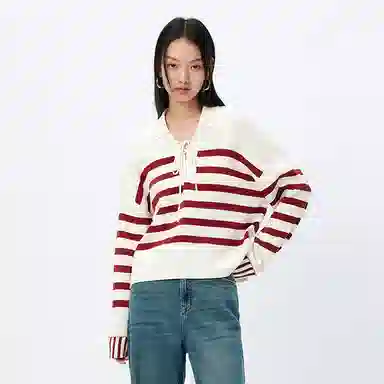 太平鸟 简约条纹毛针织衫时尚线套衫宽松毛衣内搭 女款