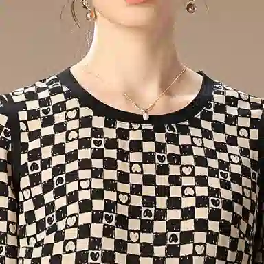 粉红玛琍 春 格子印花短袖连衣裙 宽松 女款 棋盘格