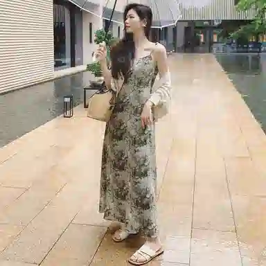 美洋 扬州慢 压褶印花复古度假通勤吊带连衣裙 女款 绿色
