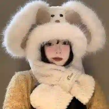 恩僾德 可爱兔耳朵毛绒帽冬季加厚保暖帽子围巾一体百搭防寒护耳雷锋帽大头围显脸小 聚酯纤维 绒线帽 男女同款情侣款