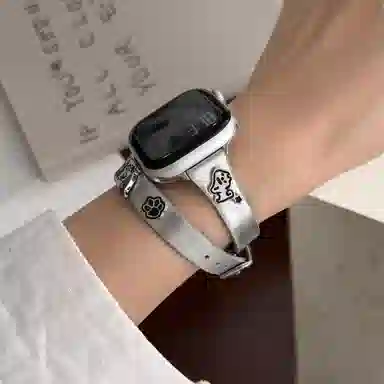 老佳 苹果适用 手表表带 牛皮材质 卡通小狗牛皮双圈表带男女通用