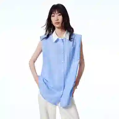 太平鸟 简约条纹翻领无袖衬衫 女款