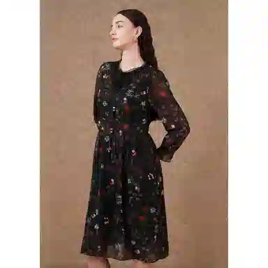 乔万尼 法式淑女收腰长袖连衣裙 女款 线描繁花图案