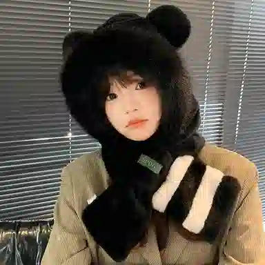 恩僾德 帽子男士秋冬季围巾一体连帽防风防寒加绒厚围脖保暖小众高颜值显脸小毛绒三件套女 聚酯纤维 斗篷帽 男女同款情侣款