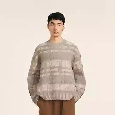 速写 羊毛提花圆领格纹复古拼接毛衫保暖毛衣 男款