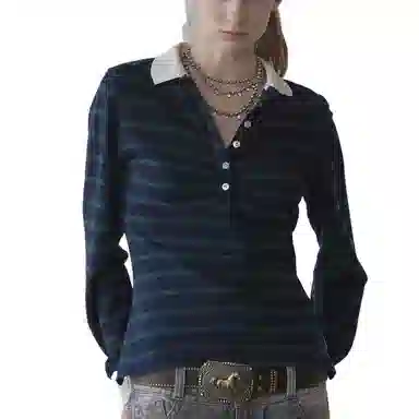 SCULPTOR Shirring Tennis Shirt NavyGreen Stripe POLO