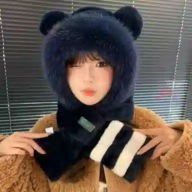 恩僾德 帽子男士秋冬季围巾一体连帽防风防寒加绒厚围脖保暖小众高颜值显脸小毛绒三件套女 聚酯纤维 斗篷帽 男女同款情侣款