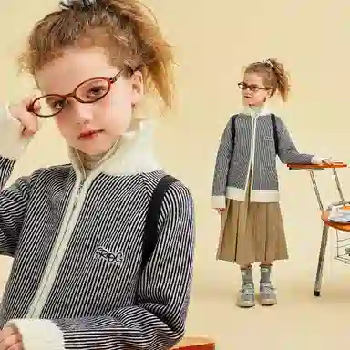 青蛙王子 时尚洋气立领插肩长袖毛衣 条黑色 中小童