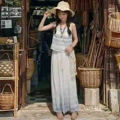 森女部落 原创拼接蕾丝渐变吊带外穿度假风波西米亚风 女款