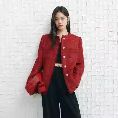 太平鸟 法式毛边小香风单排扣圆领合身夹克外套 女款