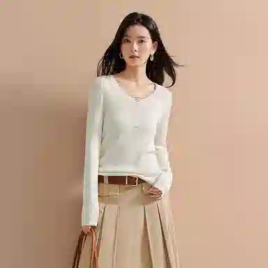 茵曼 假两件撞色拼接圆领修身长袖针织衫 女款