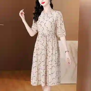 水中花 法式扇形圆领显瘦印花修身轻盈中长款系带短袖连衣裙 女款