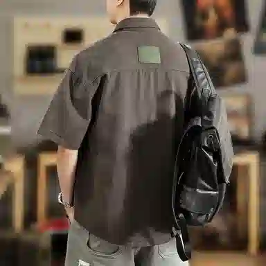 遨宇 纯棉潮牌工装美式水洗贴标设计轻奢高级感潮流百搭休闲短袖衬衫 男女同款
