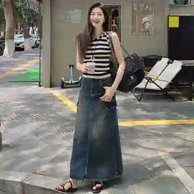 美洋  醋酸针织条纹圆领弹力背心 女款 黑白条