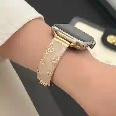 潮流腕 表带 苹果适用 金属材质 镶钻鎏金可调节表带三叶手镯夏日男女通用