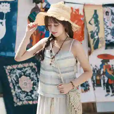 森女部落 原创拼接蕾丝渐变吊带外穿度假风波西米亚风 女款