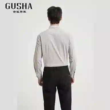 古鲨 竖条纹冰丝英伦商务休闲衬衣长袖衬衫 男款