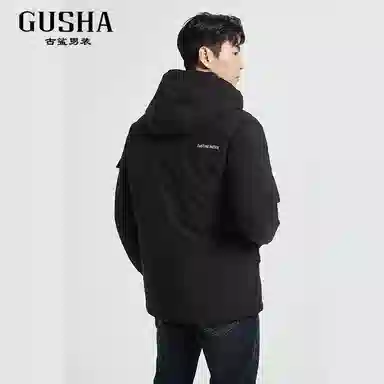 古鲨 户外时尚工装连帽中长款外套羽绒服 男款