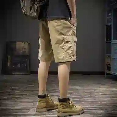 前进牛 美式休闲高街复古潮牌褶皱凉感简约绣标大口纯棉运动休闲中裤宽松直筒大码五分裤工装短裤 男女同款