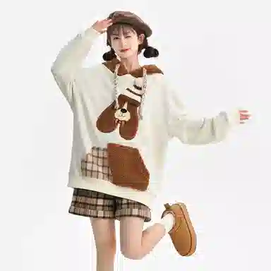 森女部落 潦草小狗闺蜜装连帽萌趣风拼贴套头可爱卫衣 女款