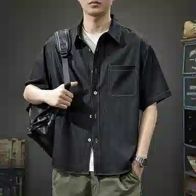 前进牛 美式经典复古潮牌辑明线简约休闲宽松牛仔休闲衬衣夏季短袖衬衫 男女同款