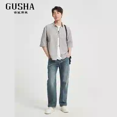 古鲨 潮流条纹百搭五分袖衬衫 男款