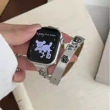老佳 苹果适用 手表表带 牛皮材质 卡通小狗牛皮双圈表带男女通用