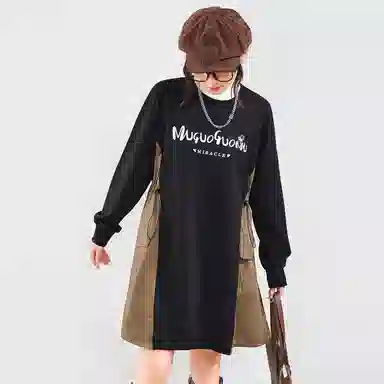 木果果木 撞色拼接中长款字母长袖连衣裙 女款