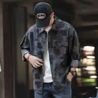 格蓝鹿 极简高街工装衬衣高端美式复古徒步登山提花长袖衬衫 男女同款 黑色