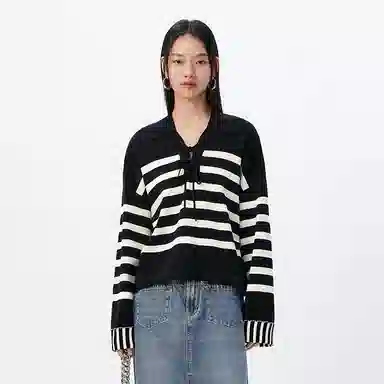 太平鸟 简约条纹毛针织衫时尚线套衫宽松毛衣内搭 女款