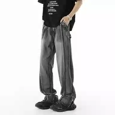 童先森 美式高街脏洗潮牌做旧直筒休闲微喇长裤牛仔裤 男款