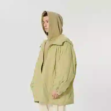 速写 纯色宽松长袖连帽拉链棉服 男女同款