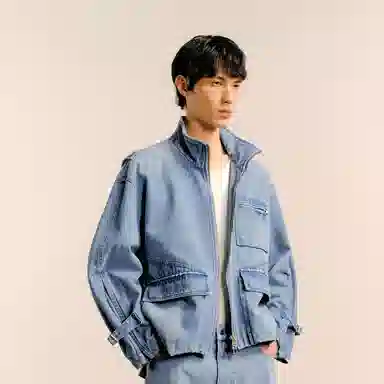 速写 复古立领宽松短款拉链工装保暖牛仔棉服 男款