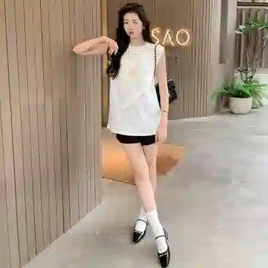 美洋 前后交叉分割设计圆领休闲无袖背心 女款 白色