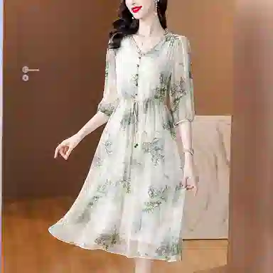 水中花 中年妈妈气质舒适简约优雅裙子短袖连衣裙 女款