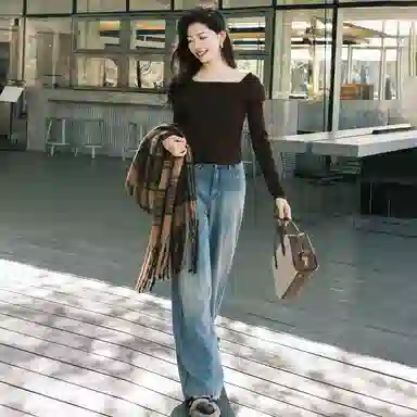 美洋 纯色方领短款修身长袖针织衫 女款