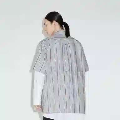 速写 工装条纹中长款翻领短袖衬衫 男女同款