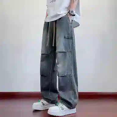 童先森 复古水洗褶皱宽松中腰长裤牛仔裤 男款