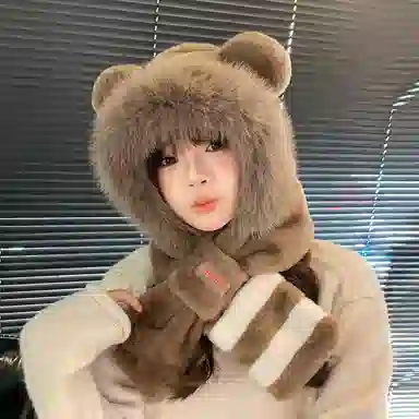 恩僾德 帽子男士秋冬季围巾一体连帽防风防寒加绒厚围脖保暖小众高颜值显脸小毛绒三件套女 聚酯纤维 斗篷帽 男女同款情侣款