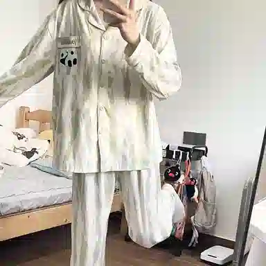 夏芬妍 简约舒适休闲不规则条纹熊猫印花翻领开衫纯棉家居服亲肤柔软长袖长裤可外穿睡衣礼盒 女款 浅绿色