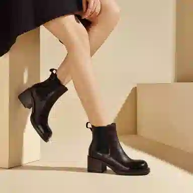 恒源祥 头层牛皮 羊皮内里粗跟经典短靴 中跟百搭简约切尔西靴 女